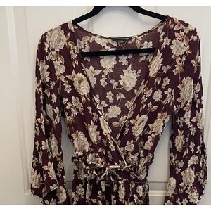 American Eagle Outfitters AEO Burgundy Floral Wrap Dress Flair Sleeve Womens M